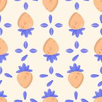 Seamless peach pattern with blue leaves on a light background. Perfect for textiles, packaging, wallpaper, and branding vector