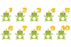 A cute little frog set with balloon numbers from 1 to 10 flat illustration isolated on white background. vector