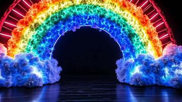 Neon rainbow arch with clouds on dark background, ideal for fantasy or product displays video