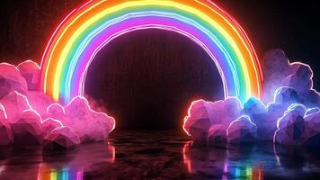 Neon rainbow arch over low poly clouds on reflective floor, dark background, ideal for fantasy or surreal projects video
