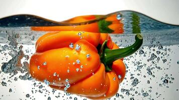 Orange bell pepper submerged in water with bubbles on white background, ideal for healthy food visuals video