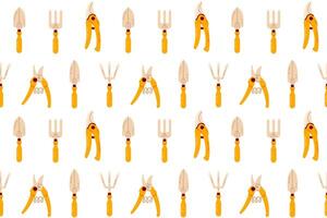Seamless pattern of various gardening tools like pruners, forks, and trowels in a yellow and brown color scheme, perfect for digital and print designs. vector