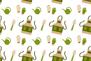 Seamless pattern featuring watering cans, aprons, gloves, and gardening tools, ideal for backgrounds, wrapping paper, and decor. vector