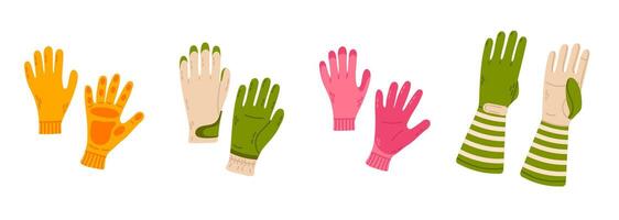 Various types of protective gardening gloves in different colors and designs, ideal for handling plants, soil, and tools safely. vector