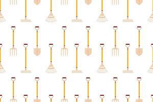A repeating pattern of gardening shovels, forks, and rakes on a white background, great for fabric, wallpapers, and digital projects. vector