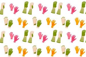 A digital seamless pattern with colorful gardening gloves in pink, yellow, and green shades, great for print and design projects. vector