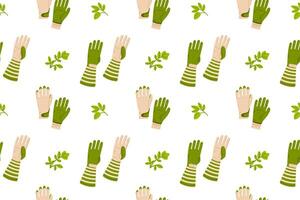 A seamless pattern featuring gardening gloves with green leaves on a white background, ideal for textiles, wrapping paper, and wallpapers. vector