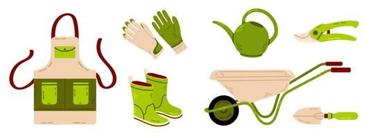 A collection of gardening tools including a watering can, wheelbarrow, gloves, pruning shears, boots, and apron. Perfect for horticulture and backyard work. vector