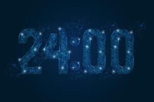 Abstract isolated blue image of 24 00 o clock , twelve am - pm. Polygonal low poly wireframe illustration looks like stars in the black night sky. Digital clock closeup display vector