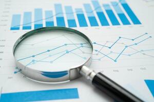 Magnifying glass on chartcs, Investment Analytic research data ecos graphs paper. Financial development, Banking Account, Statistinomy. photo