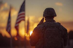 Army Soldier Saluting the American Flag - Symbol of Patriotism and Honor photo