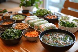 Beautifully Set Asian Dinner Table Featuring Pho and Spring Rolls for Culinary Inspiration photo