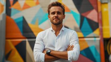 A young man exudes confidence with arms crossed, standing in front of a colorful mural that bursts with geometric patterns and hues, brightening the urban landscape photo