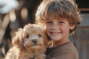 Joyful Boy Enjoying Playtime with a Puppy on a Sunny Farm photo