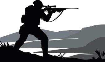 Silhouette of a soldier aiming with a sniper rifle in mountainous terrain vector