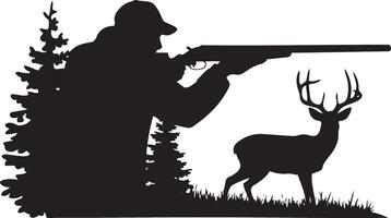 A bold silhouette of a hunter aiming a shotgun at a deer in a forest setting. vector