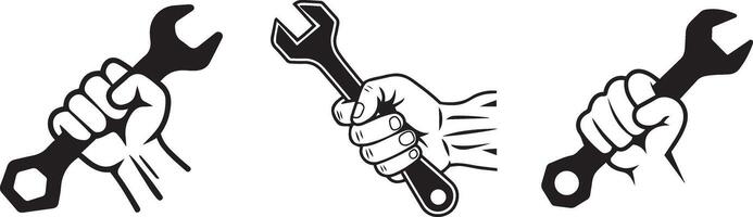 Set of black and white illustrations of strong fists gripping wrenches, symbolizing labor, strength, and solidarity, perfect for Labor Day themes. vector