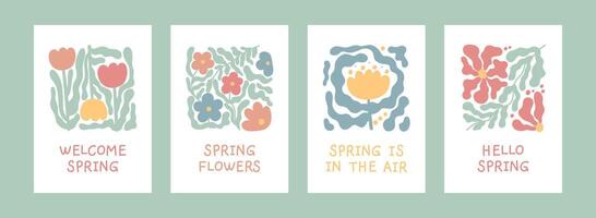 Abstract colorful flower card set. Floral doodle shape in trendy naive matisse hippie 70s style. Hello spring. Retro poster, print, banner. Hand drawn illustration isolated on white background. vector