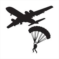An illustration of a silhouette of stickman parachuting from an airplane black silhouette on white background vector