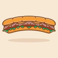 Cute baguette sandwich. Bacon and arugula greens stuffing between long wheat bread. Delicious fast food with meat, cheese, sauce. illustration isolated on broen background. vector