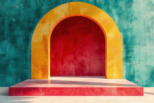 A colorful archway in front of a wall photo