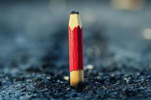 A red pencil sticking out of the ground photo