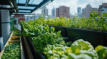 Vibrant rows of leafy greens thrive on a rooftop garden, surrounded by a bustling city skyline under a clear blue sky, radiating freshness and life photo