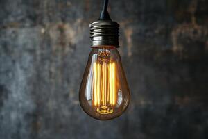 An old fashioned light bulb is lit up on a dark background photo