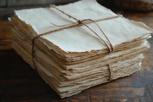 A stack of old parchment paper tied with twine photo