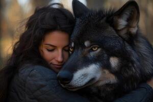 A woman hugging a wolf in the woods photo