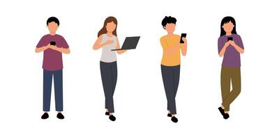 Diverse people using mobile devices and a laptop, showcasing modern technology. vector