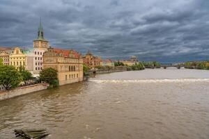 Flood in Prague. View of Charles Bridge over the flooding river Vltava, Prague. High quality photo