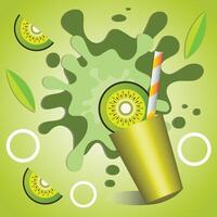 Illustration of a kiwi juice splash in a green theme. The design features a kiwi slice, a juice cup with a straw, and abstract splash effects, creating a refreshing and energetic visual. vector