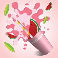Illustration of a watermelon juice splash with vibrant red and green colors. The design showcases a watermelon slice, a juice cup with a straw, and splash effects, giving a summery and fresh vibe. vector