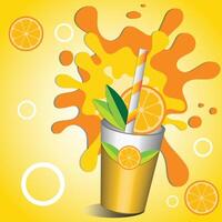 Illustration representing a citrus lemon juice splash. The bright yellow background, accompanied by orange slices, leaves, and a juice cup with a straw, conveys freshness and energy. vector
