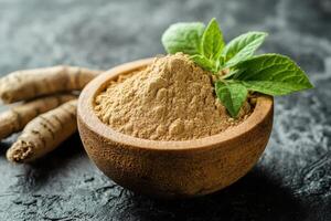 Ashwagandha Powder in a Rustic Wooden Bowl for Natural Remedies and Health Supplements photo
