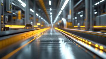 Brilliant LED lights illuminate a modern warehouse with a sleek conveyor system stretching into the distance. Shadows dance along the polished surfaces, creating a futuristic ambiance photo