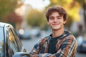 Teen Boy Standing Proudly Next to His New Car After Achieving a Big Milestone in Life photo