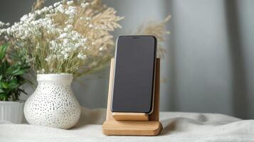 Minimalist Wooden Phone Stand on a Soft Gray Background for Modern Home Decor and Functional Workspace Styling photo