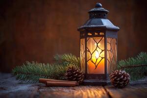 Illuminated Christmas Lantern Casting a Warm Glow on Rustic Wood photo