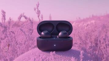 Showcasing Minimalist Black Wireless Earbuds Illuminated by Soft Light for Modern Lifestyle photo