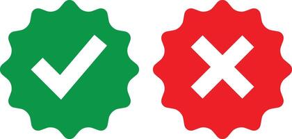Check mark icons set. Green tick and red cross buttons. Yes and no or confirm and reject signs. vector