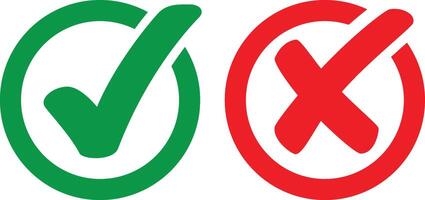Check mark button set with right and wrong and yes or no check-mark icons in green tick box and red cross. vector