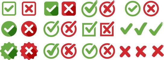 Check marks and cross mark icon set. Tick and cross button. vector