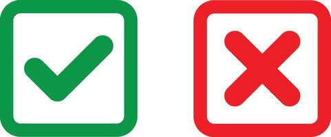 Tick mark icon button set check box correct right wrong black buttons or yes or no checkmark red cross green tick square illustration. vector