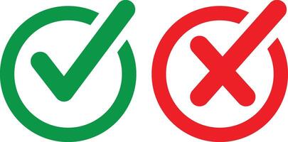 Check mark icons with green tick and red cross. Symbols of approval and decline decision. vector