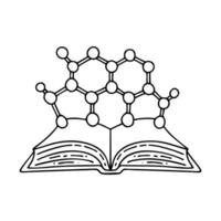A molecular structure diagram floating in an open book vector