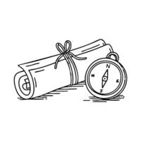 Map rolled up and tied with a string, placed beside a compass vector