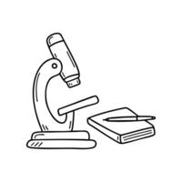 Microscope with a small notebook and pen next to it vector