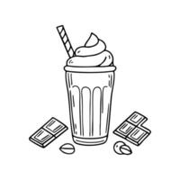 A milkshake with whipped cream, surrounded by scattered chocolate bars and nuts vector